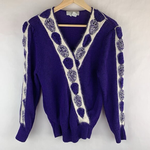 Vtg Collectible Nannell V-neck Sweater Blouse Large Purple 80s Party Hand Knit - Picture 1 of 6